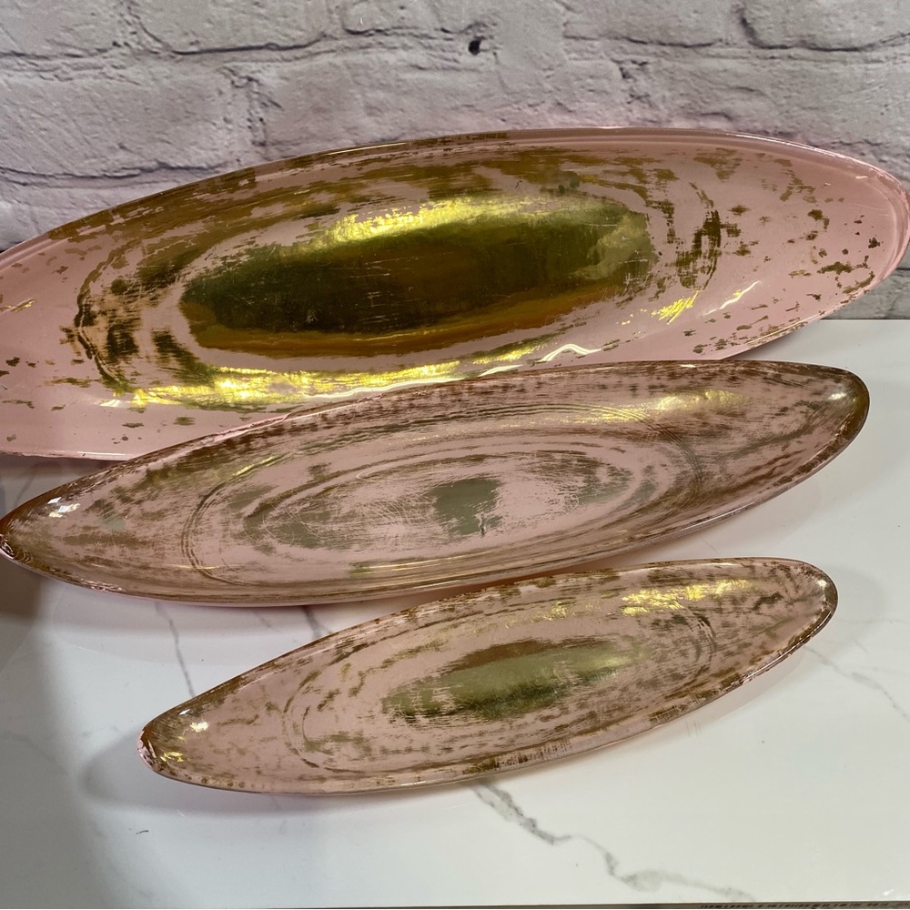 Vintage MCM 3 Piece Set Pink And Gold Nesting Trinket Dish Bowls Hobbyist Glass